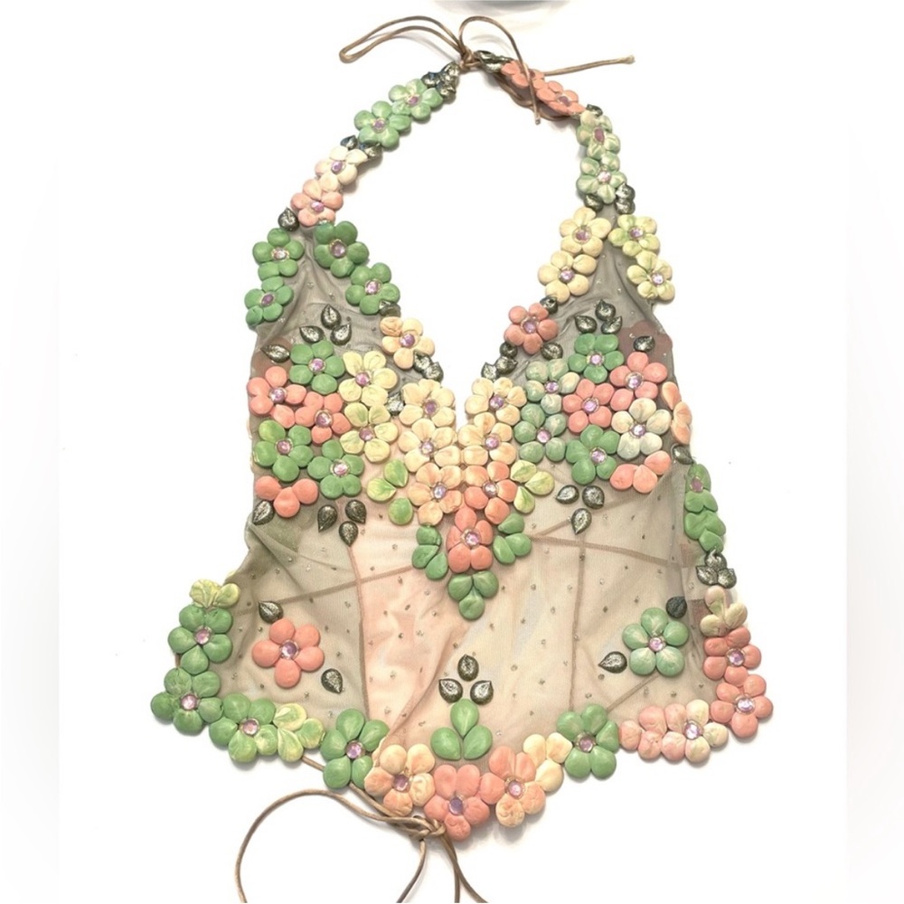 Ema Savahl Hand painted y2k Floral Beaded Halter Top